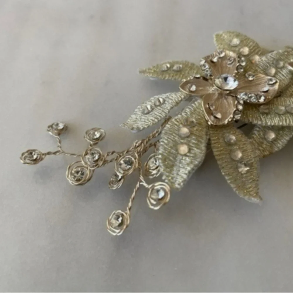 Wedding Hair Clip with Crystals, Metallic Flowers & Leaves​​​​